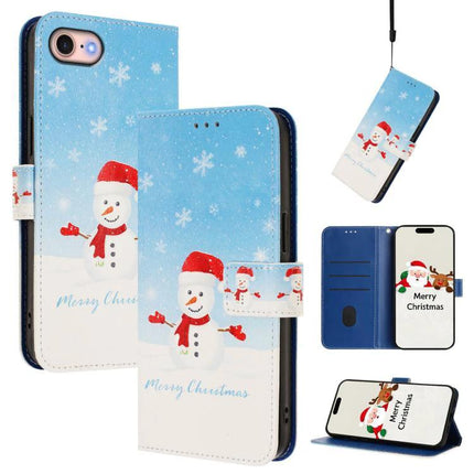 Leather Phone Case With Hand Strap For Everyday Use - blue snowman Christmas wallet case with card slots and secure hand strap