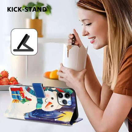 Leather Phone Case With Strap For Everyday Carry - festive snowman wallet case with kick-stand holding phone on table