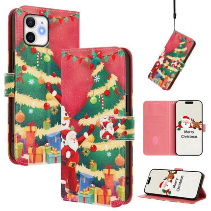 Leather Phone Case With Strap Wallet-Style - red Christmas tree Santa design, card slots, stand and wrist strap