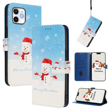 Leather Phone Case With Strap Wallet-Style featuring snowman print, card slots, stand and wrist strap for hands-free holiday use