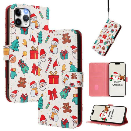 Leather Phone Case With Strap Wallet-Style featuring festive Christmas pattern, card slots, stand and wrist strap in white PU