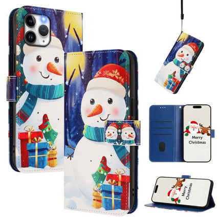 Leather Phone Case With Strap Wallet-Style featuring festive snowman print, card slots, stand and wrist strap for hands-free use