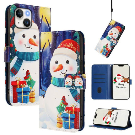 Leather Phone Case With Strap Wallet-Style featuring festive snowman print, card slots, stand and wrist strap for hands-free holiday use