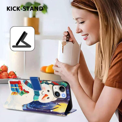 Leather Phone Case With Strap Wallet-Style snowman print kick-stand wallet showing cards and hands-free viewing