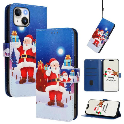 Leather Phone Case With Strap Wallet-Style featuring festive Santa design, card slots, stand and wrist strap for everyday carry