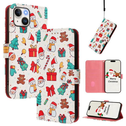 Leather Phone Case With Strap Wallet-Style in festive Christmas print with card slots, stand feature and wrist strap, white PU exterior under 140 chars