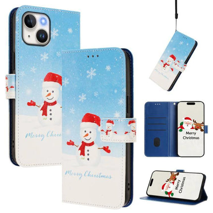Leather Phone Case With Strap Wallet-Style - blue snowman Christmas wallet case with card slots and stand