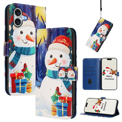 Leather Phone Case With Hand Strap For Daily Use - festive snowman wallet case with card slots, cash pocket, stand and detachable wrist strap