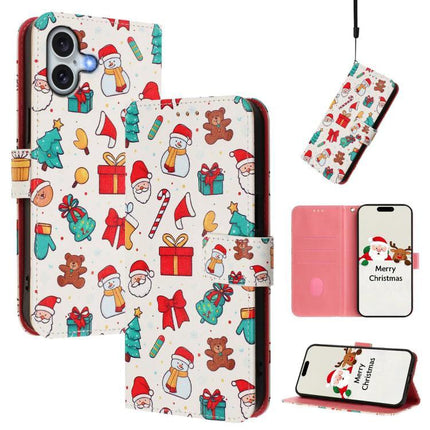 Leather Phone Case With Hand Strap For Daily Use - festive Christmas pattern wallet case with 3-card slots, cash pocket and adjustable hand strap stand