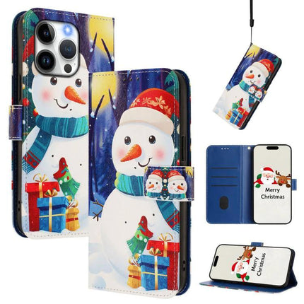 Leather Phone Case With Hand Strap For Daily Use - festive snowman wallet case with 3 card slots, cash pocket and adjustable stand