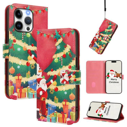 Leather Phone Case With Hand Strap For Daily Use — red Christmas tree wallet case with card slots, stand and adjustable hand strap
