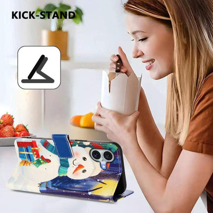 Leather Phone Case With Hand Strap For Daily Use showing snowman wallet-style design with kick-stand, card slots and adjustable strap