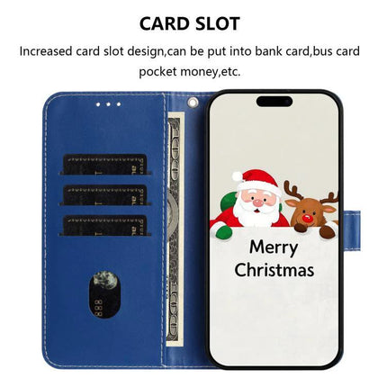 Leather Phone Case With Hand Strap For Daily Use showing blue folio, three card slots, cash compartment and phone with Merry Christmas screen