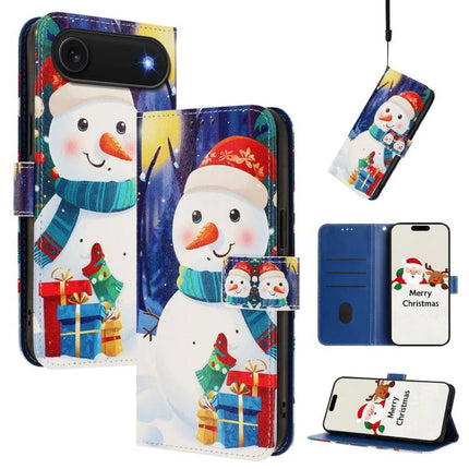 Leather Phone Case With Hand Strap For Daily Use - festive snowman wallet case with card slots, cash pocket and adjustable hand strap stand