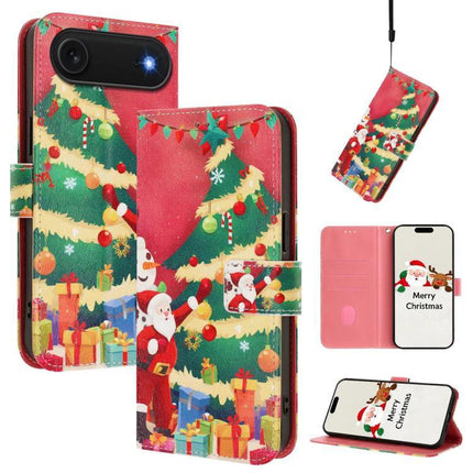 Leather Phone Case With Hand Strap For Daily Use - festive red Christmas tree wallet case with cards, cash compartment and adjustable hand strap