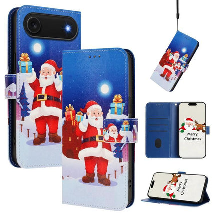 Leather Phone Case With Hand Strap For Daily Use - blue Santa Christmas wallet case with card slots and kickstand