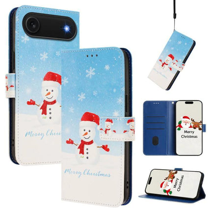 Leather Phone Case With Hand Strap For Daily Use - blue snowman Christmas wallet case with 3 card slots and stand