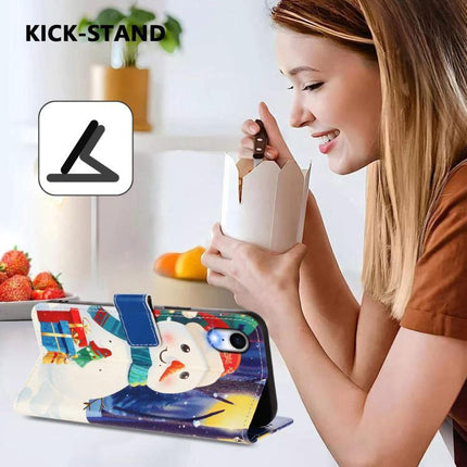 Leather Phone Case With Strap For Daily Essentials - snowman print PU leather kick-stand wallet case showing hands-free viewing