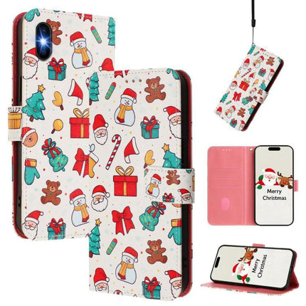 Leather Phone Case With Strap For Daily Essentials - festive Christmas PU leather wallet case with cards, stand, adjustable strap, Santa & gifts print
