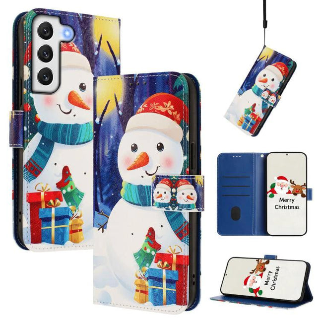 Practical Leather Phone Case With Hand Strap - festive snowman wallet case with card slots, TPU frame and wrist strap