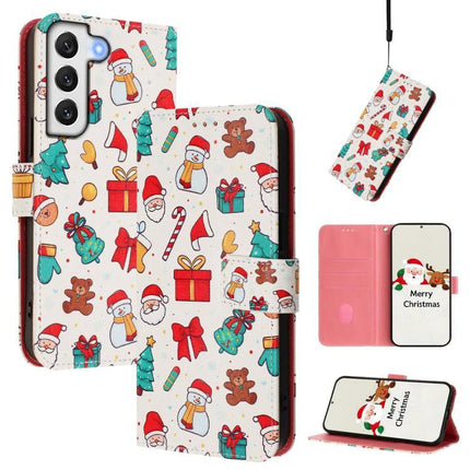Practical Leather Phone Case With Hand Strap — white Christmas print PU wallet case with card slots and wrist strap