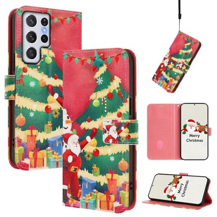 Leather Phone Case With Hand Strap For Everyday Use And Card Wallet Slim Profile - Christmas tree and Santa print PU wallet case with stand and hand strap