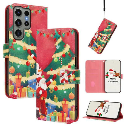 Leather Phone Case With Hand Strap For Daily Use Christmas tree Santa wallet-style phone case with three card slots and wrist strap