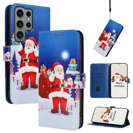 Leather Phone Case With Hand Strap For Daily Use - blue Christmas Santa wallet case with three card slots and wrist strap