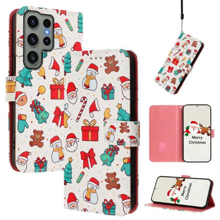Leather Phone Case With Hand Strap For Daily Use - festive white leather-style wallet case with Santa, gifts, card slots and secure hand strap