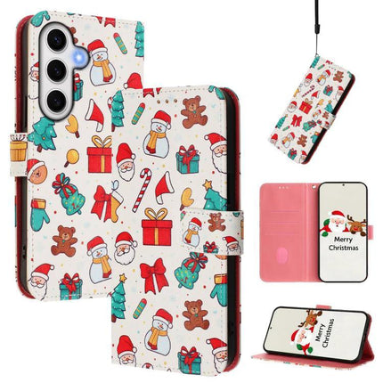 Leather Phone Case With Strap For Everyday Carry - white Christmas print wallet case with card slots, strap, and kickstand