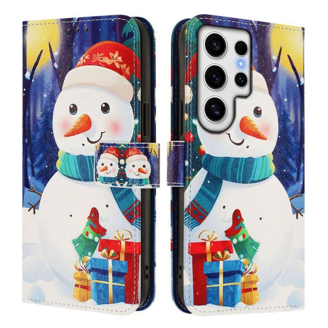 Leather Phone Case With Hand Strap For Daily Use featuring festive snowman print, card slots and secure hand strap, PU leather wallet protection