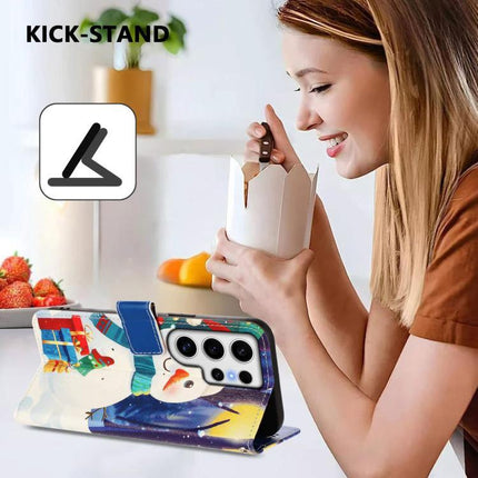 Leather Phone Case With Hand Strap For Daily Use showing snowman design wallet case with kick-stand and card slots