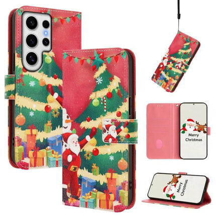 Leather Phone Case With Hand Strap For Daily Use - festive Christmas print wallet case with 3 card slots and wrist strap