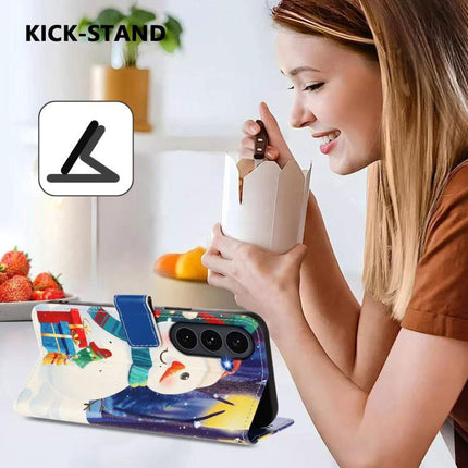 Leather Phone Case With Strap For Daily Carry Protects Your Phone On Commutes And Errands – festive PU wallet case with strap, card slots and kickstand showing snowman design