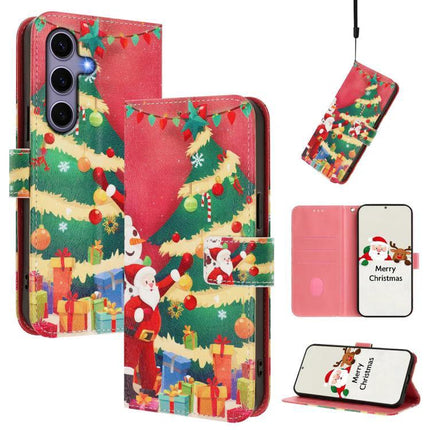 Leather Phone Case With Strap For Daily Carry Protects Your Phone On Commutes And Errands - Christmas PU wallet with hand strap, 3 card slots, festive tree and Santa design