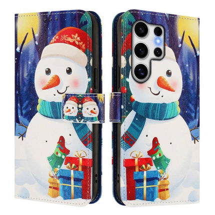 Leather Phone Case With Strap For Everyday Carry featuring festive snowman print, card slots, strap closure, and phone stand functionality