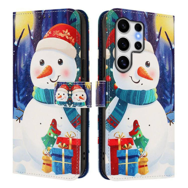 Leather Phone Case With Strap For Everyday Carry featuring festive snowman print, card slots, strap closure, and phone stand functionality