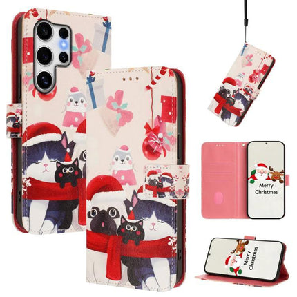 Leather Phone Case With Strap For Everyday Carry - festive cat and pug print PU wallet case with card slots, kickstand, and wrist strap