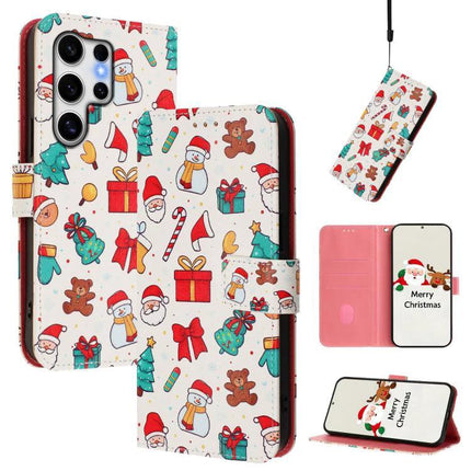 Leather Phone Case With Strap For Everyday Carry - white Christmas print wallet case with card slots, strap, and kickstand