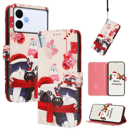 Leather Phone Case With Strap For Samsung, Everyday Convenience For Easy Carrying And Protection - Christmas cat print wallet case with hand strap and card slots