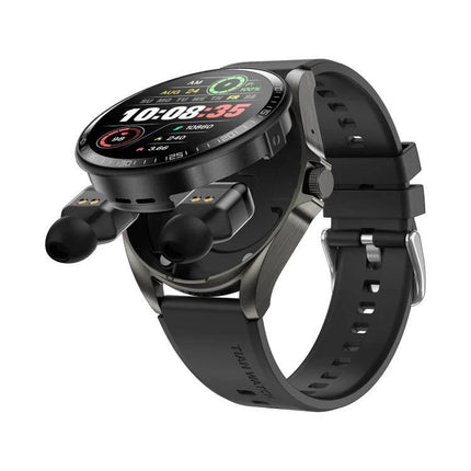 Smart Watch with Earphones for Daily Use and Connectivity - black watch with Bluetooth earphones docked for calls, music, and heart-rate tracking