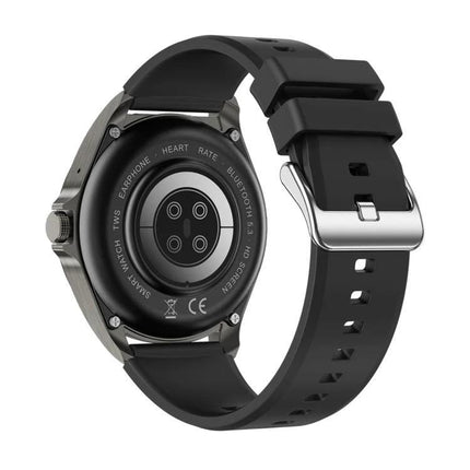Smart Watch with Earphones for Daily Use and Connectivity showing rear sensors, heart-rate monitor and black silicone strap