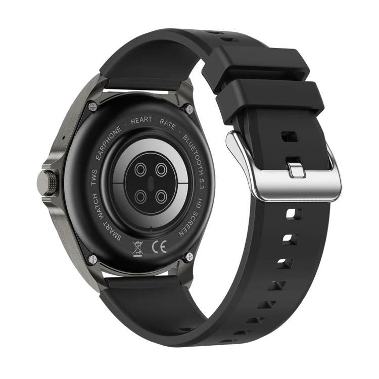 Smart Watch with Earphones for Daily Use and Connectivity showing rear sensors, heart-rate monitor and black silicone strap