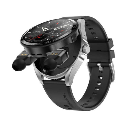 Smart Watch with Earphones for Daily Use and Connectivity - black smartwatch with docked Bluetooth earphones and activity-tracking display