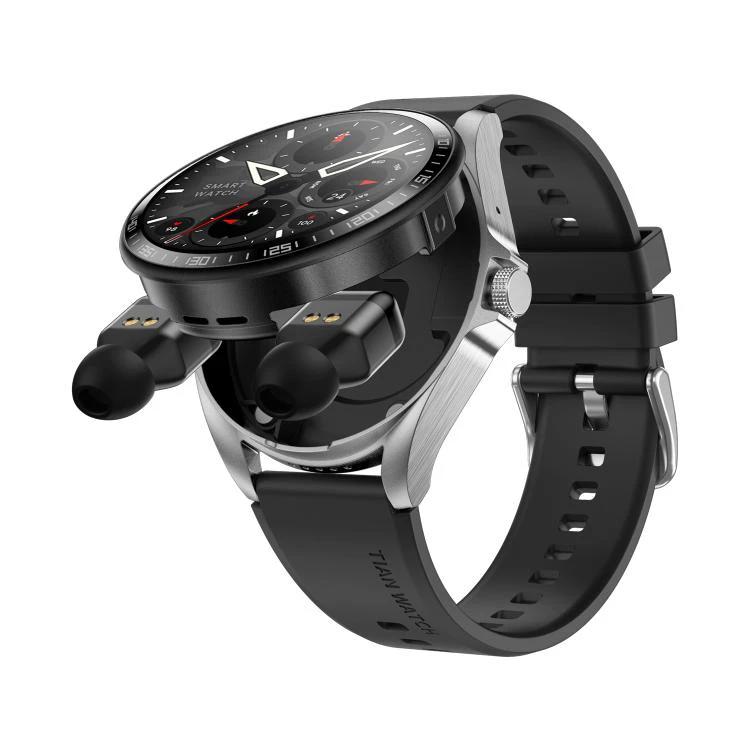 Smart Watch with Earphones for Daily Use and Connectivity - black smartwatch with docked Bluetooth earphones and activity-tracking display