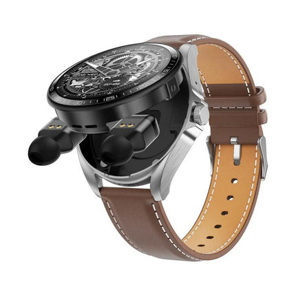 Smart Watch with Earphones for Daily Use and Connectivity shown with brown leather band and Bluetooth earphones docked in watch face