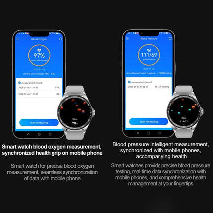 Smart Watch with Earphones for Daily Use and Connectivity showing smartwatch and phone displaying blood oxygen and blood pressure measurements