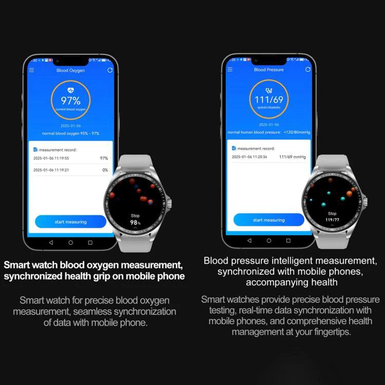 Smart Watch with Earphones for Daily Use and Connectivity showing smartwatch and phone displaying blood oxygen and blood pressure measurements