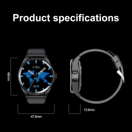 Smart Watch with Earphones for Daily Use and Connectivity - black round smartwatch with earphones, 47.8mm face, 13.9mm thickness, heart rate and Bluetooth