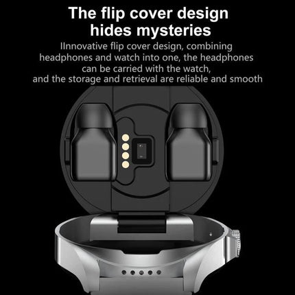 Smart Watch with Earphones for Daily Use and Connectivity showing flip-cover storage design with earbuds docked in watch